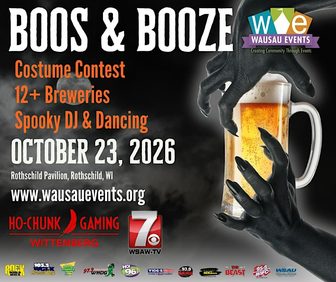 Official poster for Boos & Booze 2026 at the Rothschild Pavilion, listing a costume contest, breweries and a DJ