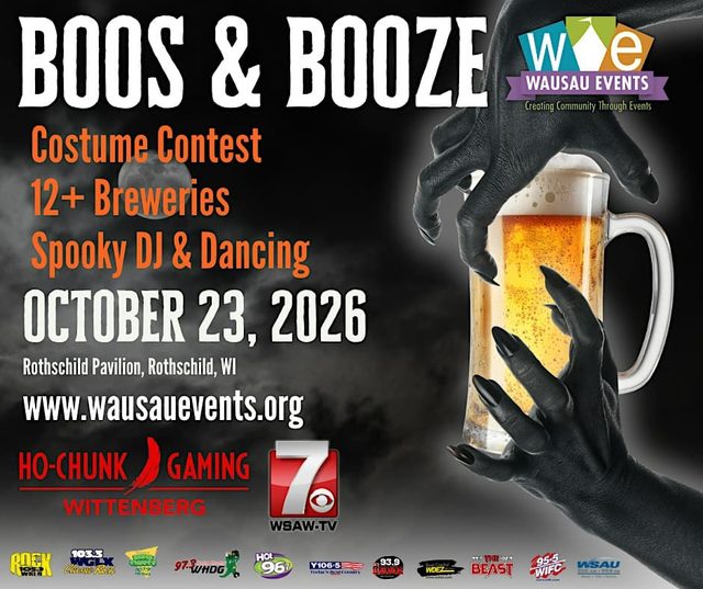 Official poster for Boos & Booze 2026 at the Rothschild Pavilion, listing a costume contest, breweries and a DJ