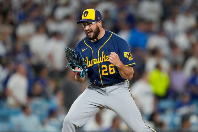 Milwaukee Brewers pitcher Aaron Ashby celebrates the final out of Game 4 of the NLCS against the Los Angeles Dodgers on Oct. 15, 2026, in Los Angeles